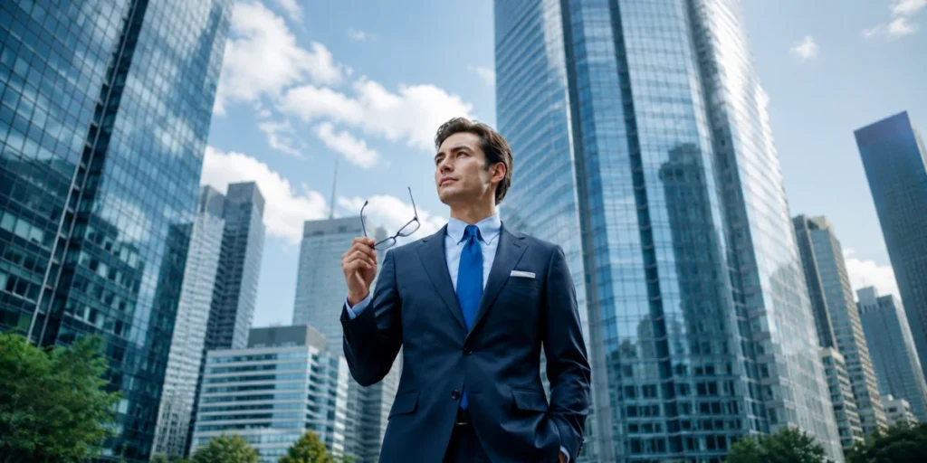 Confident businessman holding glasses before modern corporate skyscrapers, looking upward confidently.