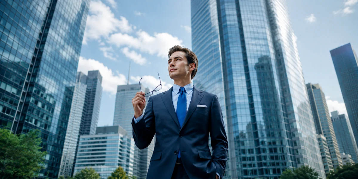 Confident businessman holding glasses before modern corporate skyscrapers, looking upward confidently.