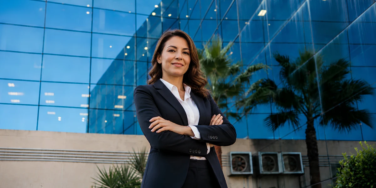 Confident women outside a corporate building - The Strategic Pivot_ The Corporate Secretary's Evolving Role in MENA
