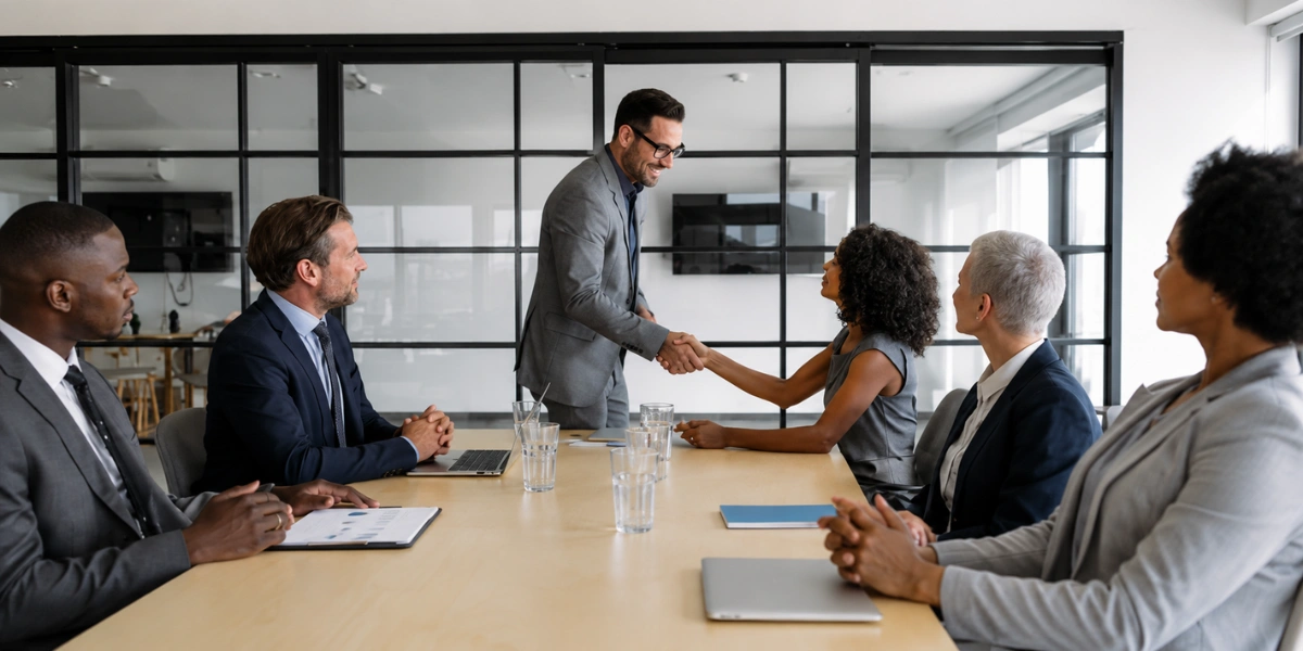 The director shaking hands with his team - Cognitive Diversity_ Why Inclusive Boards Outperform in Volatile Markets